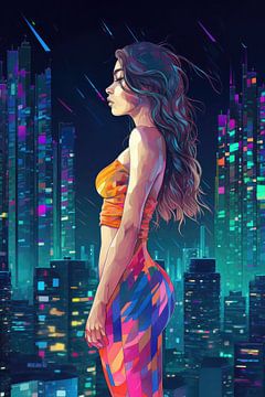 Vector Illustration Young Woman In The City by Digitale Schilderijen