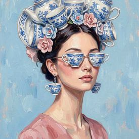 Surrealistic portrait featuring Delft blue tableware by But First Framing