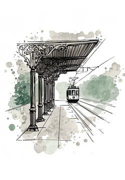 Straßenbahnhaltestelle im Jugendstil. Der Puls der historischen Stadt