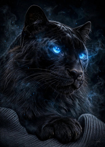 Chat noir mystique aux yeux bleus brillants
