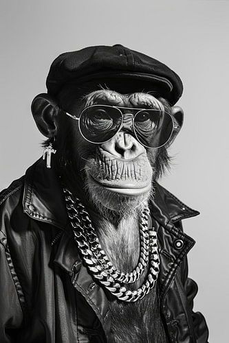 Chimpanzee in leather jacket and sunglasses poses in style