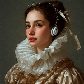 A fine art portrait of a young woman wearing headphones, in the style of 21st-century Dutch masters, with by J.a Dijkstra