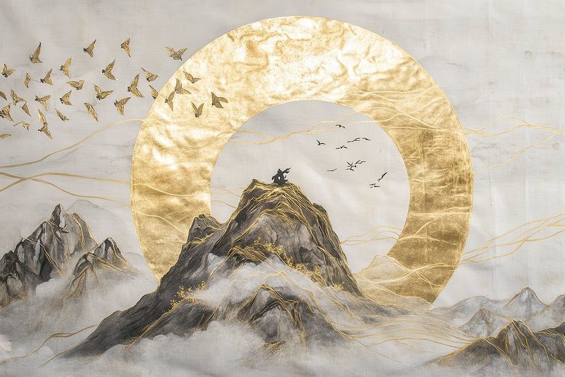 Mystical mountain peak with golden glow in the sky by Digitale Schilderijen