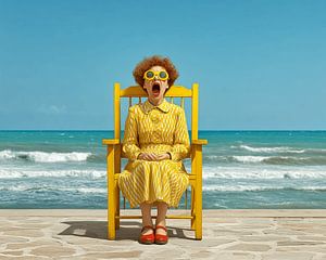 Frau in gelbem Kleid auf Bank | surreales Sommerbild