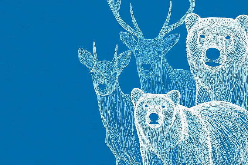 Deer and bear in lines by Vlindertuin-Art