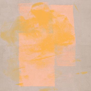 Formes abstraites rustiques en jaune néon, rose et gris chaud.