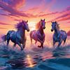 chevaux surréalistes dans l'eau au coucher du soleil sur Jörg B. Schubert