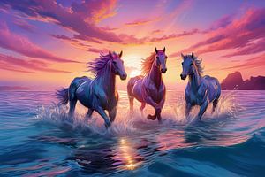 chevaux surréalistes dans l'eau au coucher du soleil