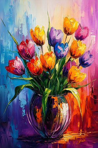 Tulpen Schilderij | Schilderij Bloemen in Vaas| Abstract Bloemen Schilderij