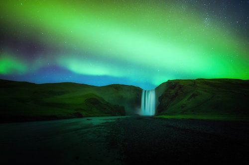 Skogafoss Iceland under the northern lights