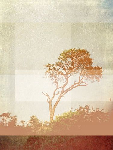 Baum in Landschaft mit Vintage-Farben und geometrischen Flächen