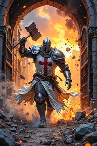 Dark Fantasy Wandbild: CRUDEX - Ein Kreuzritter zertrümmert mit seinem Kriegshammer ein Tor