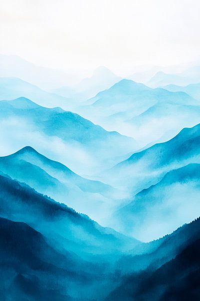 Blauw berglandschap in de mist van Poster Art Shop