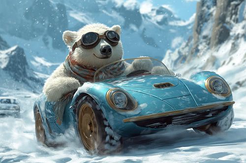 Roadtrip met ijsbeer door een winterlandschap