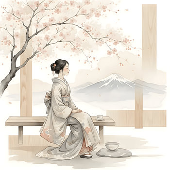 Kimono vrouw met Sakura en Mt. Fuji