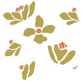 Flower market. Modern botanical art in mustard, orange and white by Dina Dankers