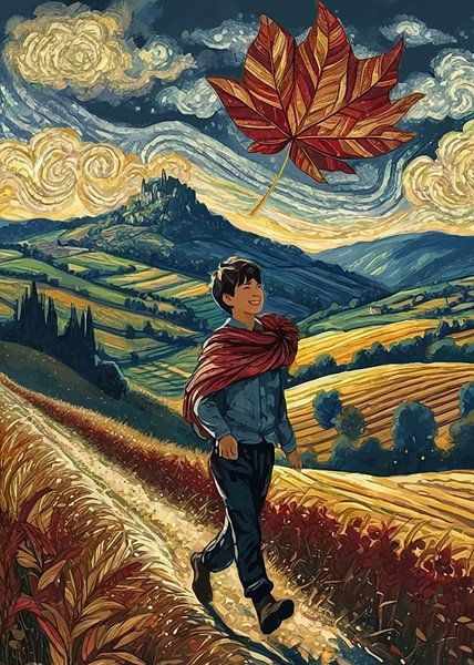 Garçon marchant avec une feuille d'automne par MIROKKU