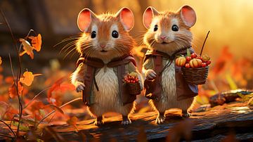 Pair of mice gathering their harvest in autumn, illustration by Animaflora PicsStock