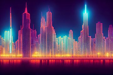 Panorama City Skyline in Neon Style Illustration von Animaflora PicsStock