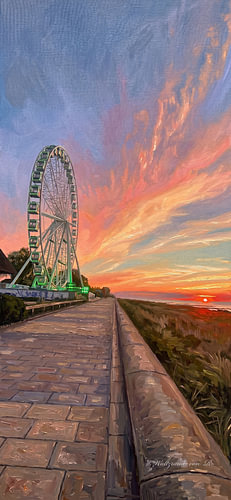 Ambiance du soir sur la promenade avec la grande roue – Coucher de soleil romantique (peinture à l'huile classique)