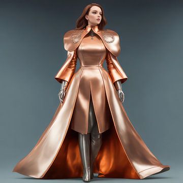 Vrouw op de catwalk in bronse jurk