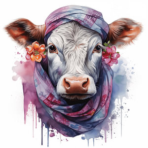 Porträt einer Kuh, Aquarell-Kunstdesign und buntes Kopftuch mit Blumen