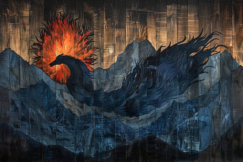 Mystischer Vogel in feuriger Berglandschaft von Art & Soul Creations