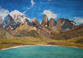 Painting of the Torres del Paine mountain massif in Patagonia