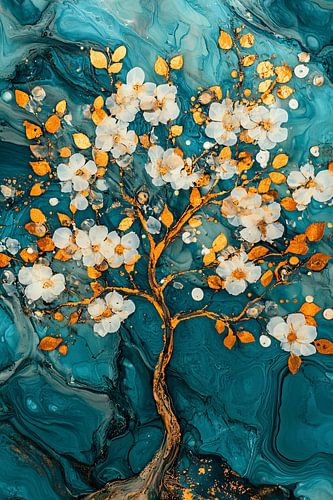 Abstracte gouden boom met bloemen