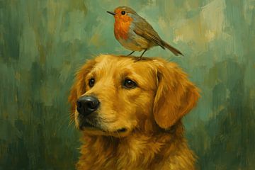 Dog with robin on its head by Imperial Art House