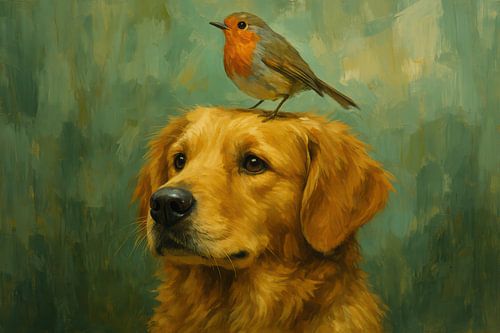 Hond met roodborst op kop