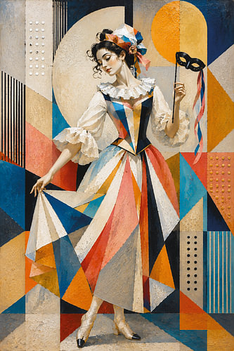 A cubistic painting of an elegant Italian Columbina.