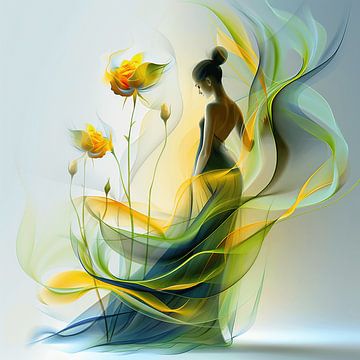 Frau in einem Blumenfeld - 1 | Abstrakt von Karina Brouwer
