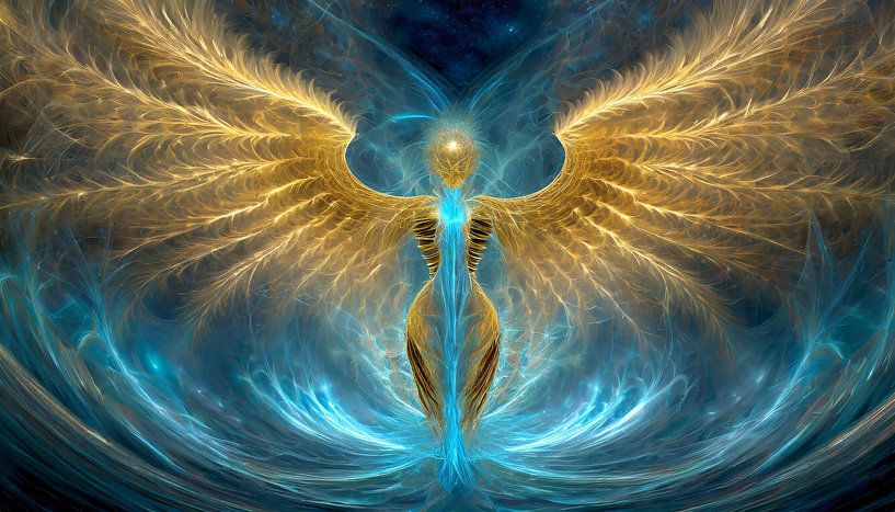 Golden angel with long wings on a light blue background by Giel Ketting