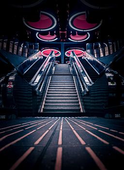 Escalators in the futuristic metro station Pannenhuis in Brussels