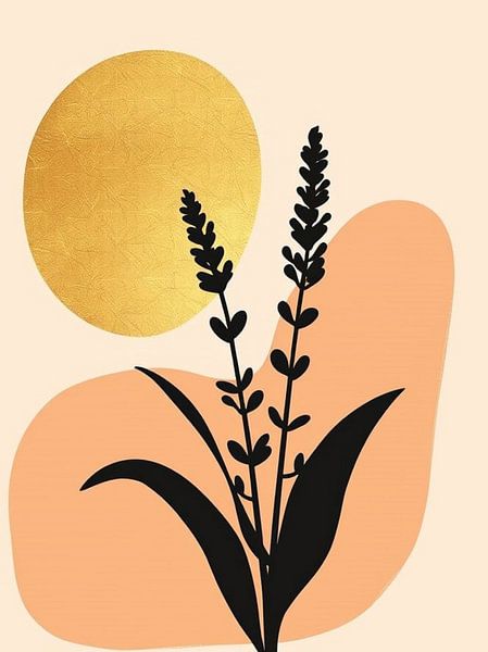Minimalistische Botanische Gouden Zon en Abstracte Vormen Muurkunst Print - Moderne Natuur Geïnspireerde Home Decor van Artistic
