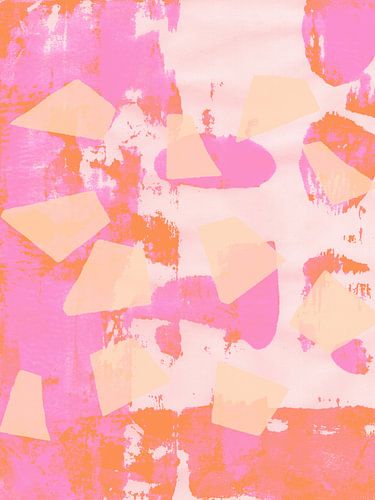 Abstracte kunst. Witte vormen op neonroze, oranje, wit