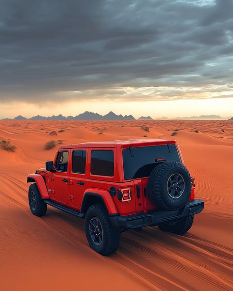 Rode Jeep Wrangler bij zonsondergang in de duinen van Lufy