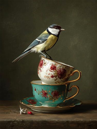 Mésange bleue sur des tasses à thé vintage