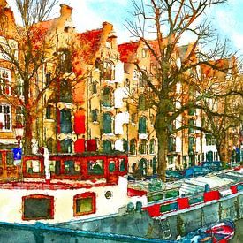 Amsterdam, Brouwersgracht with bridge in the evening light – Artist’s impression by Amsterdam Highlights