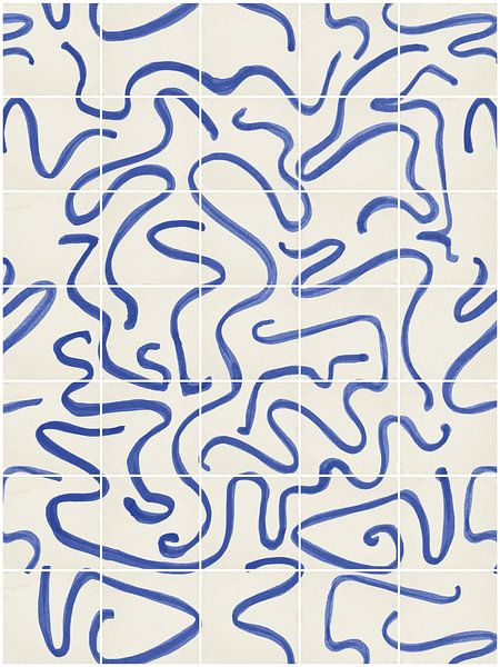 Lignes modernes et abstraites sur un motif de carreaux, blanc cassé - bleu par Mijke Konijn