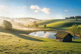 Landschaft mit Teich, Schuppen und sanften Hügeln