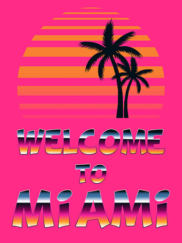 Welcome to Miami – Retro Miami Poster met Palmbomen en Zonsondergang