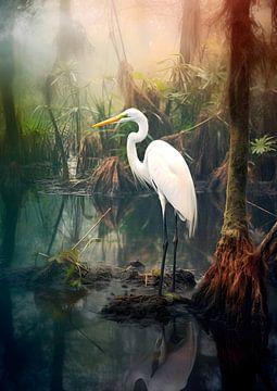 Witte reiger in moeras Florida van Jan Bechtum