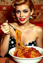Pin up Mädchen fünfziger Jahre isst Spaghetti von Egon Zitter