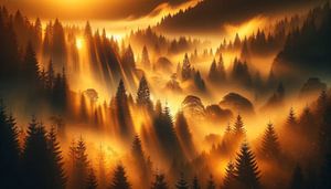 Une brume dorée flotte dans la forêt de sapins