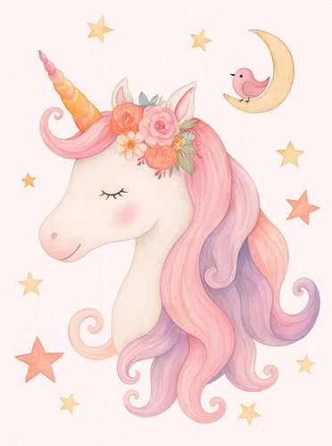 Floral Unicorn with Moon and Stars