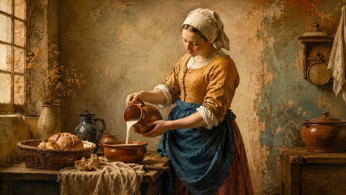Rustikale Milchmagd, die frische Milch einschenkt – Kunst der Alten Welt