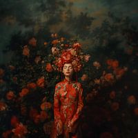 Elegante Vrouw in Traditionele Kimono omringd door Bloemen