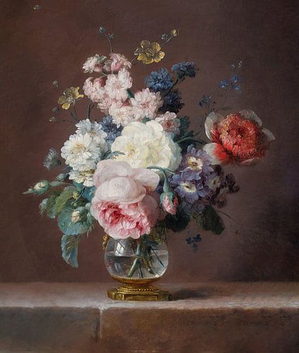 Still life of flowers in a crystal vase on a ledge, Anne Vallayer-Coster